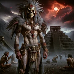 DALL·E 2024-03-06 17.18.08 - In a mystical landscape set 1000 years ago, a thin, athletic man from the Aztec culture stands with a commanding presence, embodying a blend of ancien.webp