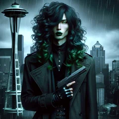 DALL·E 2024-03-11 21.53.31 - Create an image featuring a 19-year-old androgynous Japanese male cyberpunk character. He is thin, 1.8m tall, with very long, ladylike dark green curl.webp