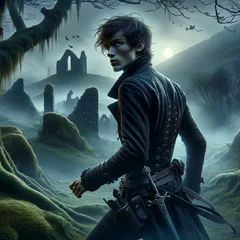 DALL·E 2024-03-17 13.51.52 - A scene set in a mystical, foggy Scottish highland, featuring a 17-year-old male fantasy thief. He is thin, with a cunning and sharp gaze that reflect.webp