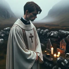 DALL·E 2024-03-17 13.55.04 - This image transitions to a young priest standing in the same mystical, foggy Scottish highland. The priest is in their early twenties, embodying a ca.webp
