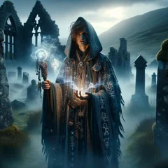DALL·E 2024-03-17 13.55.26 - Continuing in the mystical, foggy setting of the Scottish highlands, we now encounter a young mage. This individual, in their early twenties, emanates.webp