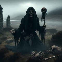 DALL·E 2024-03-17 13.57.48 - Within the eerie and mist-laden landscape of the Scottish highlands, we now depict a young necromonger. This figure, in their early twenties, exudes a.webp