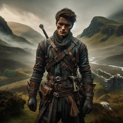 DALL·E 2024-03-17 13.58.31 - In the rugged and mysterious terrain of the Scottish highlands, a young mercenary stands ready. This character, in their mid-twenties, embodies a mix .webp