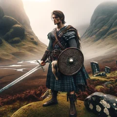 DALL·E 2024-03-17 13.59.11 - In the wild and atmospheric landscape of the Scottish highlands, we now see a young warrior. This individual, in their early twenties, stands with a n.webp