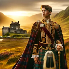 DALL·E 2024-03-17 14.03.05 - In the regal and serene setting of the Scottish highlands, a young prince stands, exuding nobility and grace. This prince, in their early twenties, is.webp