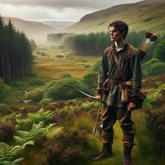DALL·E 2024-03-17 14.04.12 - In the dense and vibrant wilderness of the Scottish highlands, a young hunter stands, alert and poised. This hunter, in their early twenties, embodies.webp