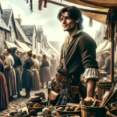 DALL·E 2024-03-17 14.05.10 - In the bustling marketplace of a Scottish highland village, a young merchant stands behind their stall, exuding confidence and charisma. This merchant.webp