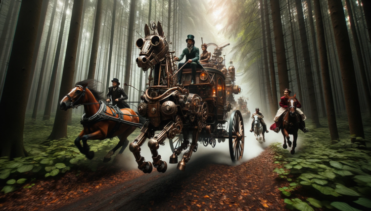 DALL·E 2023-10-20 14.05.02 - Photo of an intense chase in a dense forest. The steampunk carriage is once again pulled by a steampunk horse, a mechanical creature with gears, steam.png
