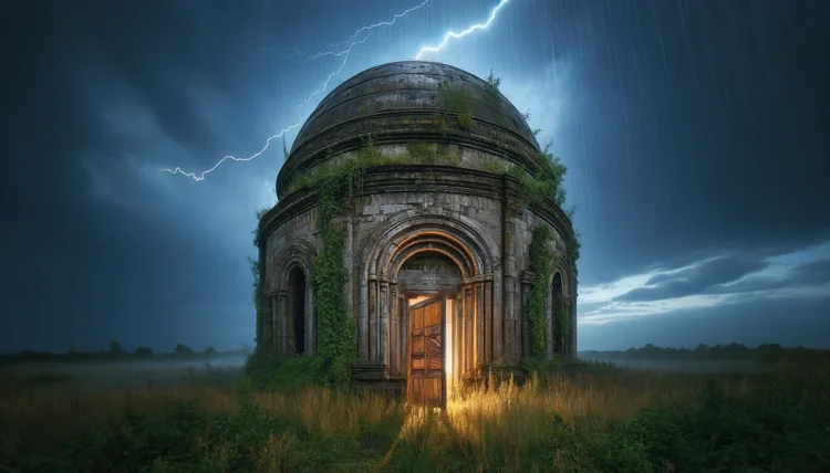 DALL·E 2024-06-02 23.06.35 - A 40-meter tall, 60-meter long old, semi-ruined dome-shaped building with an open oak door. The building is covered in ivy. There is heavy rain, a thu.webp