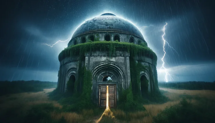 DALL·E 2024-06-02 23.10.00 - A 40-meter tall, 60-meter long old, semi-ruined dome-shaped building with an open oak door. The building is covered in ivy. There is heavy rain, a thu.webp